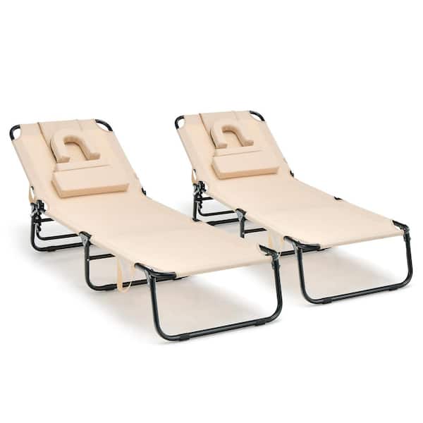 HONEY JOY 2-Pieces Metal Beach Outdoor Chaise Lounge Chair Adjustable Face Down Tanning Chair Removable Pillow Beige