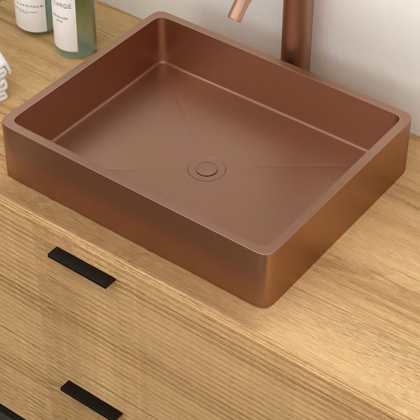 19 in. Vessel Rectangular Bathroom Sink with Pop-Up Drain in Rose Gold Stainless Steel