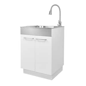 24 in. W x 21 in. D x 34 in. L Freestanding Stainless Steel Apron-Front Laundry Sink with Faucet and Cabinet in White