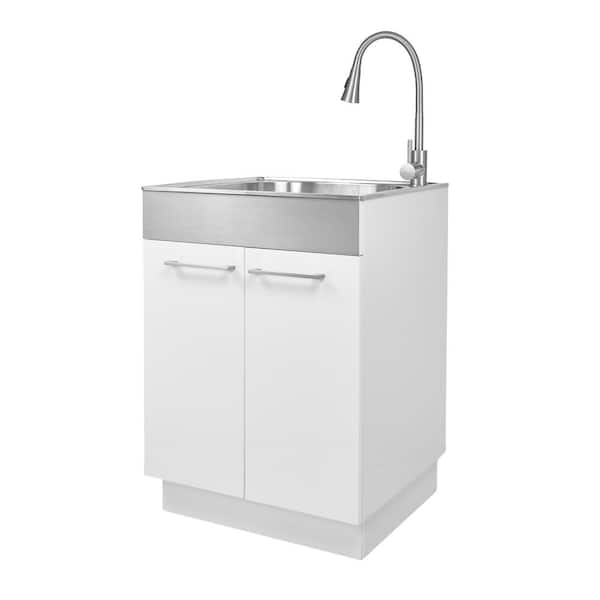 24 in. W x 21 in. D x 34 in. L Freestanding Stainless Steel Apron-Front Laundry Sink with Faucet and Cabinet in White