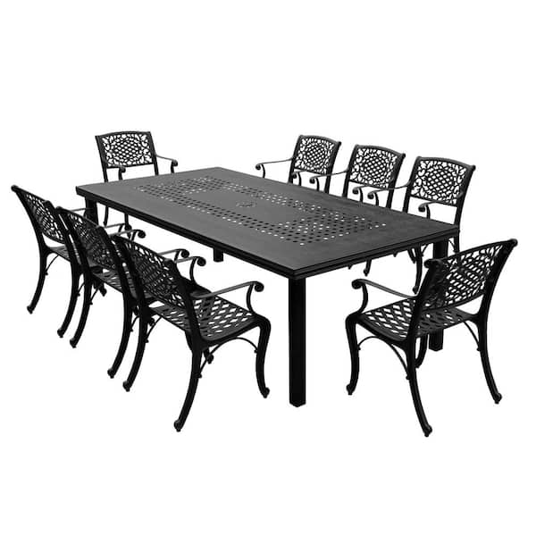 Black 9-Piece Aluminum Rectangular Mesh Outdoor Dining Set with 8-Chairs