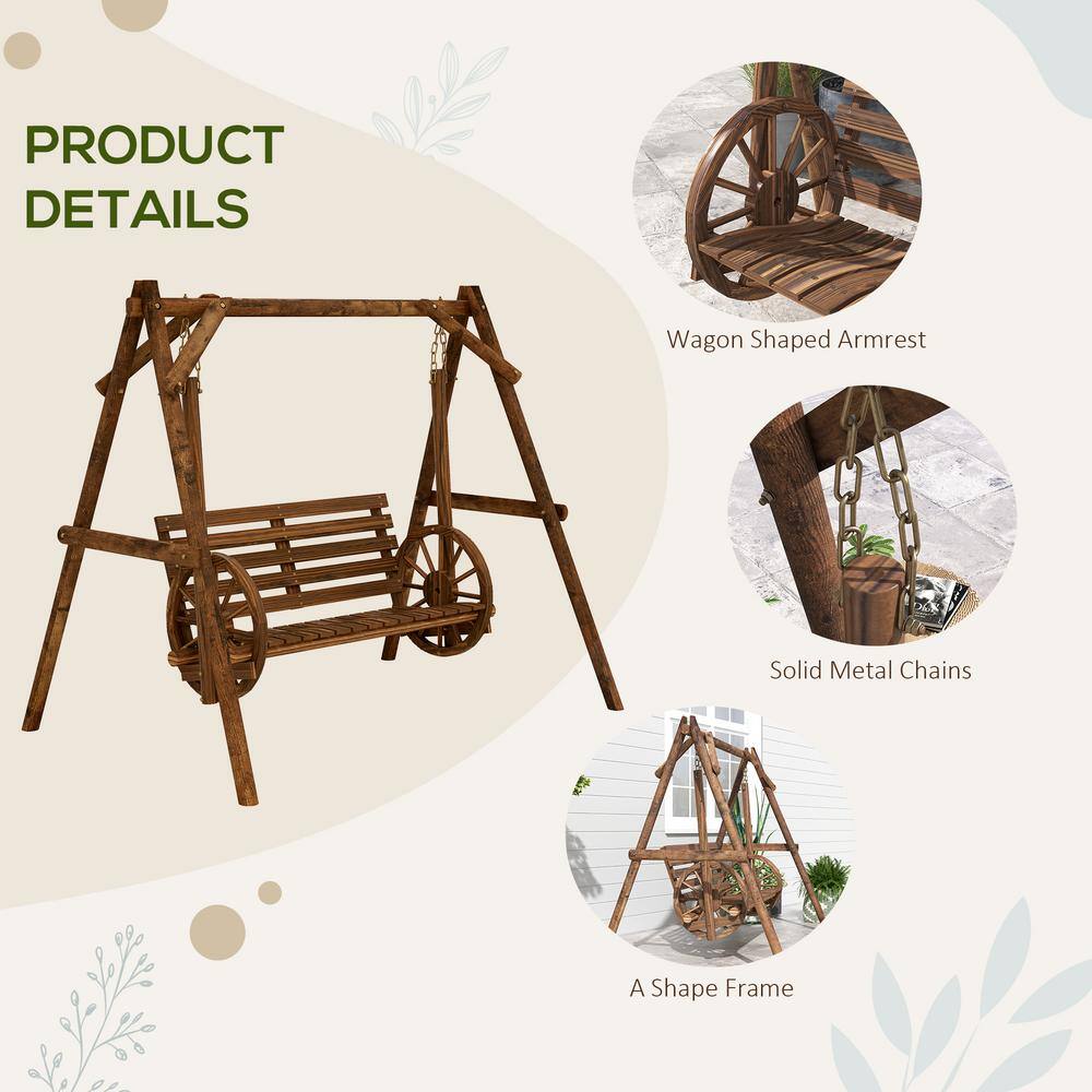 Rustic Carbonized Fir Wood 2-Person Porch Swing with Wagon Wheel Armrests