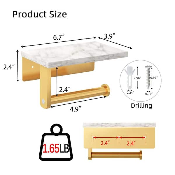 Wall Mount Toilet Paper Holder with Shelf for Bathroom, Marble Shelf and Stainless Steel Frame, Brushed Gold