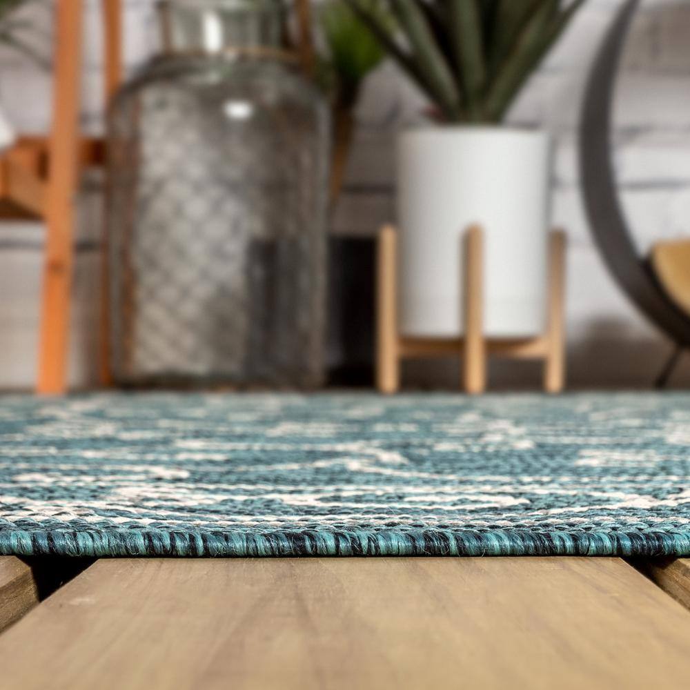 Teal & Gray Vintage Boho-Chic Filigree 9'x12' Indoor/Outdoor Rug