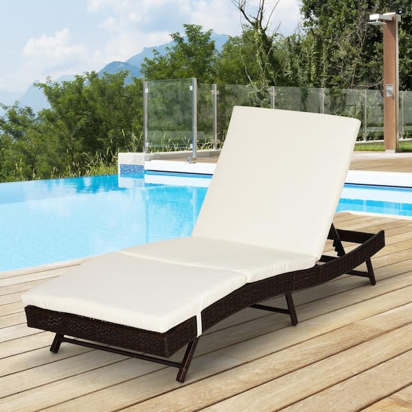 Outsunny Brown 6-Position Outdoor Plastic Rattan Wicker Chaise Patio Lounge Chair with Adjustable Backrest, White Cushion