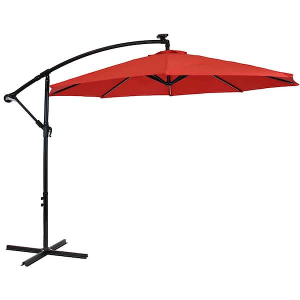 Sunnydaze 9.5 ft. Offset Cantilever Patio Umbrella in Cherry with Solar LED Lights