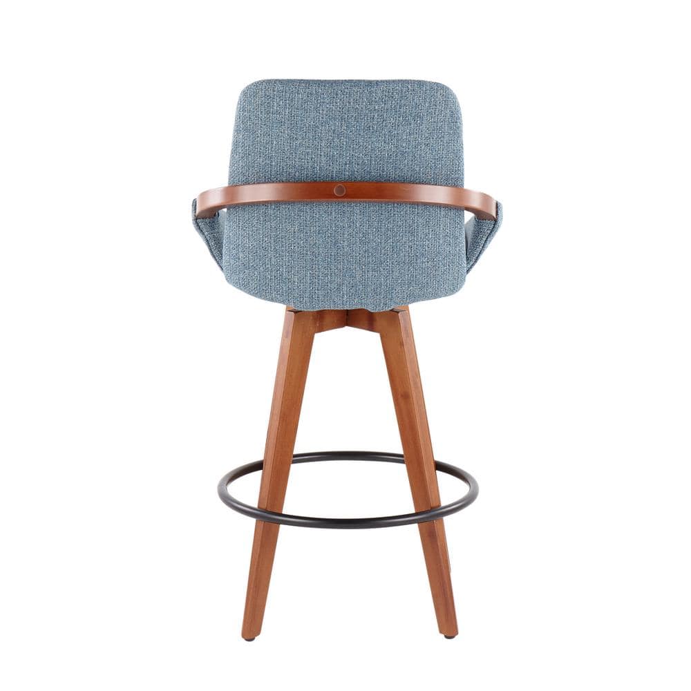Walnut and Blue Mid-Century Modern Swivel Counter Stool