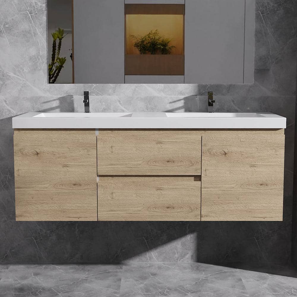 60 in. W x 20 in. D x 22 in. H Floating Bathroom Vanity in Natural Oak with Double Solid Surface Sink Top in White price history on PriceWatchPro