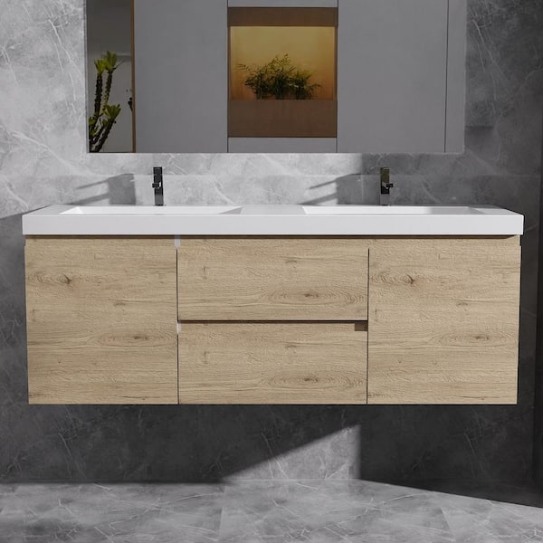 60 in. W x 20 in. D x 22 in. H Floating Bathroom Vanity in Natural Oak with Double Solid Surface Sink Top in White