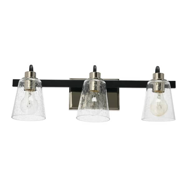 Jameson - 22 in. 3-Light Matte Black and Polished Nickel Vanity Light Metal Seedy Glass