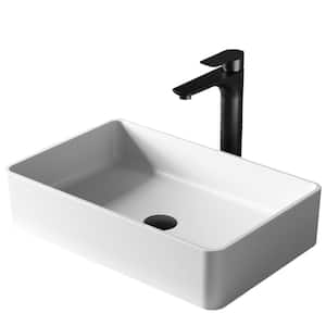 Quattro Matte White Acrylic 21 in. Rectangular Bathroom Vessel Sink with Faucet and drain in Matte Black