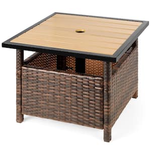 Brown Wicker Rattan Patio Side Table Outdoor Furniture for Garden, Pool, Deck with Umbrella Hole