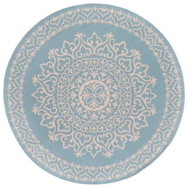 Beach House Cream/Aqua 4 ft. x 4 ft. Medallion Floral Indoor/Outdoor Round Area Rug