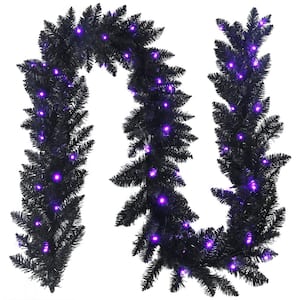 Black 9 ft. Pre-lit Christmas Halloween Garland w/50 Purple LED Lights