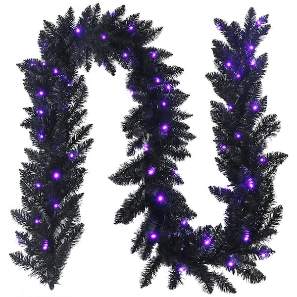 HONEY JOY Black 9 ft. Pre-lit Christmas Halloween Garland w/50 Purple LED Lights