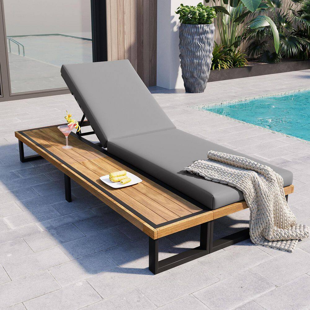 Brown Wood Outdoor Chaise Lounge Chair with 5-Position Adjustable Backrest and Gray Cushion price history on PriceWatchPro