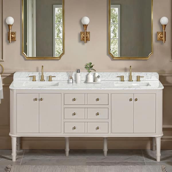Collette 72 in. Double Sink Greige Bath Vanity with Carrara White Marble Top (Assembled)