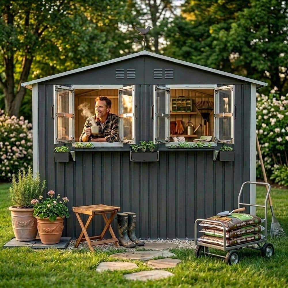 タイムセール！ロダンアンドフィールズ　スーズ　ブライトーンセット 9 ft. W x 6 ft. D Outdoor Metal Storage Shed with Window & Flower