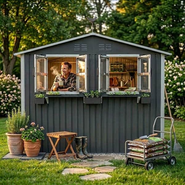 9 ft. W x 6 ft. D Outdoor Metal Storage Shed with Window & Flower Rack, Lockable Double Doors Tool Shed