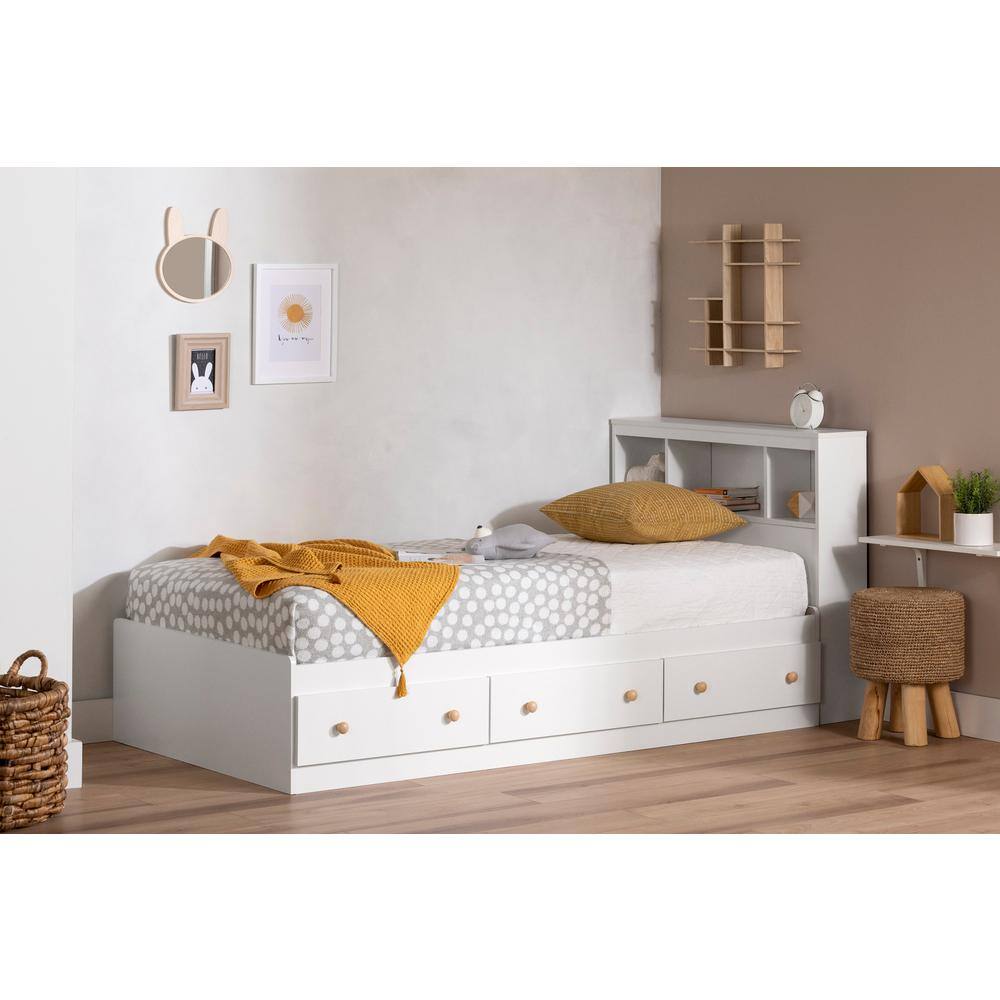 Twin White Wood Bookcase Headboard with Storage