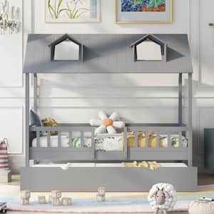 Gray Twin Size House Bed Wood Bed with Twin Size Trundle, Twin Bed Frame with Roof and Fence for Kids