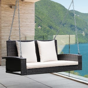 2-Person Black Wicker Outoor Patio Porch Swing with White Cushions