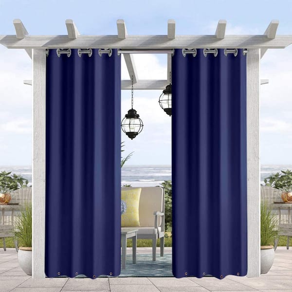 50 in. x 84 in. Indoor Outdoor Curtains Grommet Curtain on Top and Bottom Dark Blue (Set of 2)