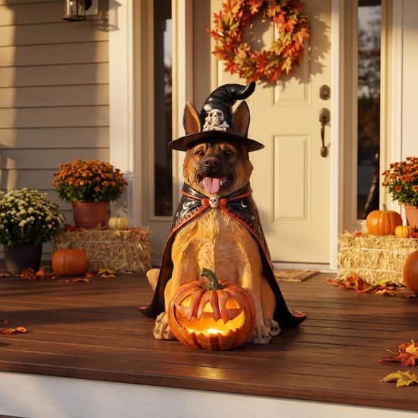 Resin Halloween German Shepherd Dog Statue, Large Sitting Dog Figurine with LED Light Up Jack-O-Lantern Pumpkin
