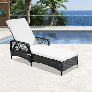 1-Piece Black Rattan Wicker Outdoor Patio Chaise Lounge with Adjustable Backrest Arm Chair with Cushion in Beige