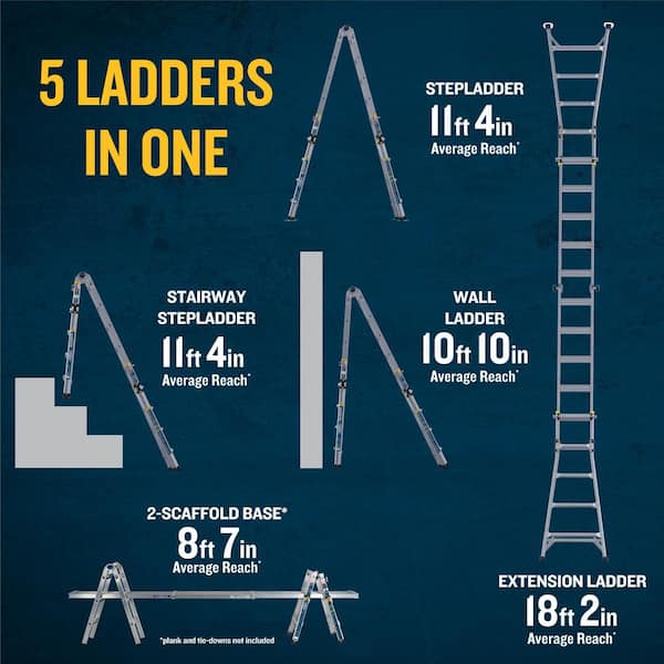 5 in 1 Multi Position Pro 18 ft. Reach Aluminum Adjustable Multi Position Ladder, 375 lb. Load Capacity Type IAA Duty