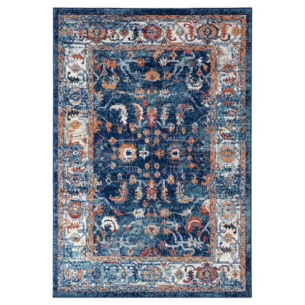 Alexandria 4 x 6 Navy Bordered Pattern Area Rug for High Traffic Living Room Dining Room Bedroom