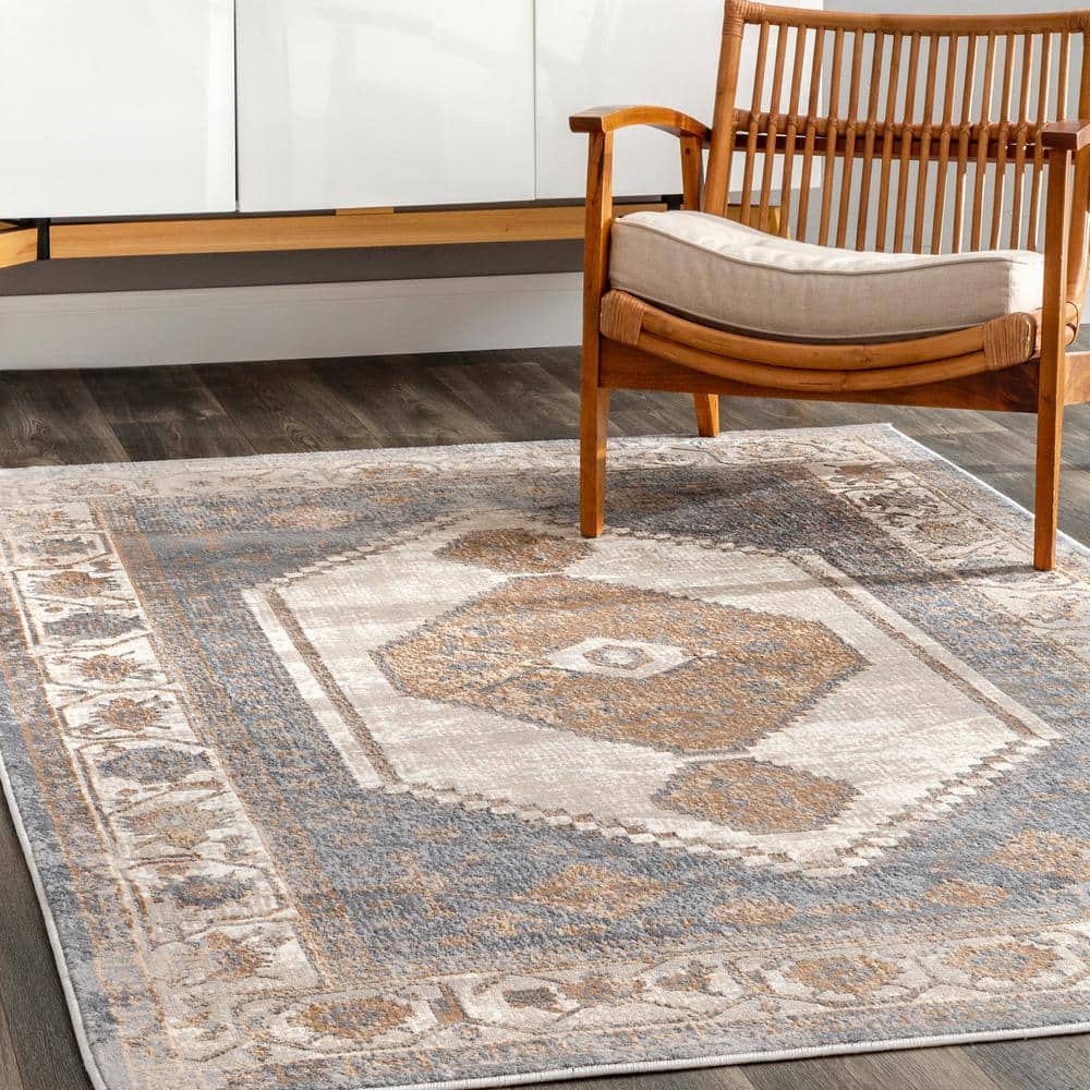 Vintage Beige and Blue Synthetic Rectangular Area Rug