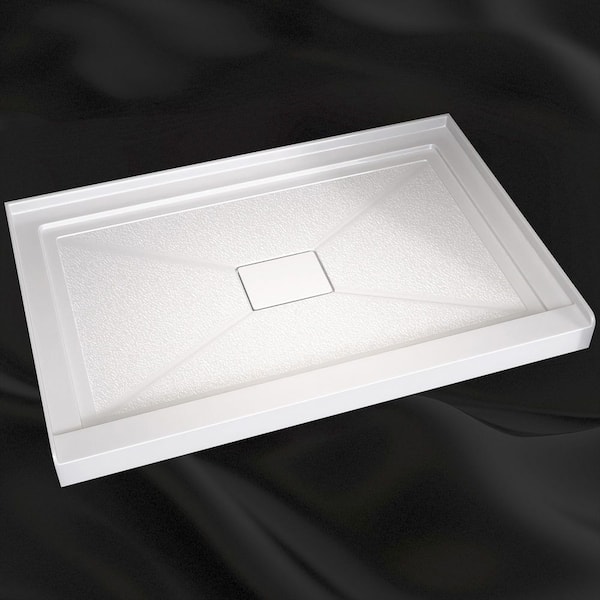 Zeafive Nip 48 in. L x 32 in. W Single Threshold Alcove Shower Pan Base w/ Center Drain and Cover in White Acrylic Non-Slip Tray