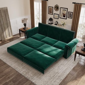 3-in-1 Convertible 93.7 in. Green Velvet King Size Sofa Bed with Rivet Head Trim