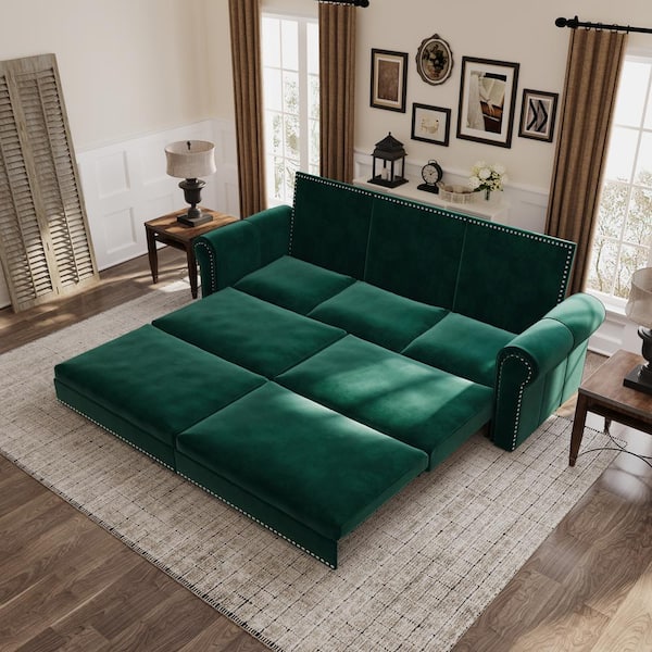 Harper & Bright Designs 3-in-1 Convertible 93.7 in. Green Velvet King Size Sofa Bed with Rivet Head Trim
