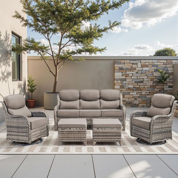 Holion Gray 5-Piece Wicker Patio Conversation Set with Swivel Chairs Outdoor Sofa Seating Set with 6 in. Gray Cushions