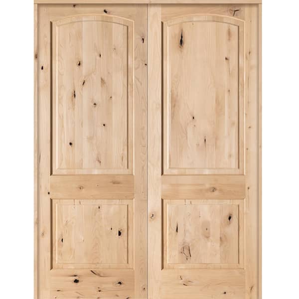 Krosswood Doors 56 in. x 96 in. Rustic Knotty Alder 2-Panel Arch-Top Both Active Solid Core Wood Double Prehung Interior French Door