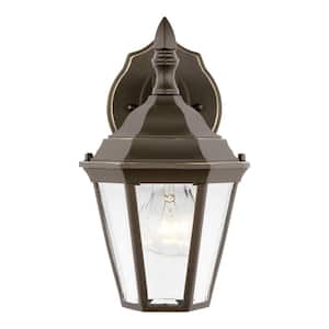 Bakersville Small 6.5 in. 1-Light Antique Bronze Traditional Outdoor Wall Lantern Sconce with Satin Etched Glass Panels