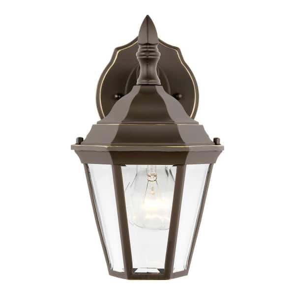 Generation Lighting Bakersville Small 6.5 in. 1-Light Antique Bronze Traditional Outdoor Wall Lantern Sconce with Satin Etched Glass Panels