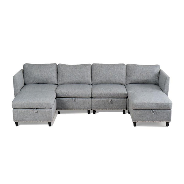 Unbranded Outdoor Indoor 100 in. W U-Shape 6-Seat Convertible Chaise Sectional Storage Sofa with Cushion and Ottomans,Light Grey