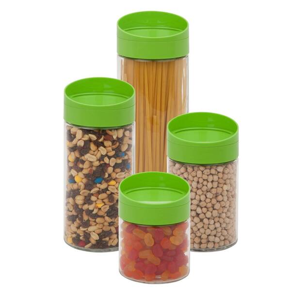 Honey-Can-Do 4-Piece 850ml, 1250ml, 1700ml and 2200ml Glass Storage Jar Set with Green Twist with Lids
