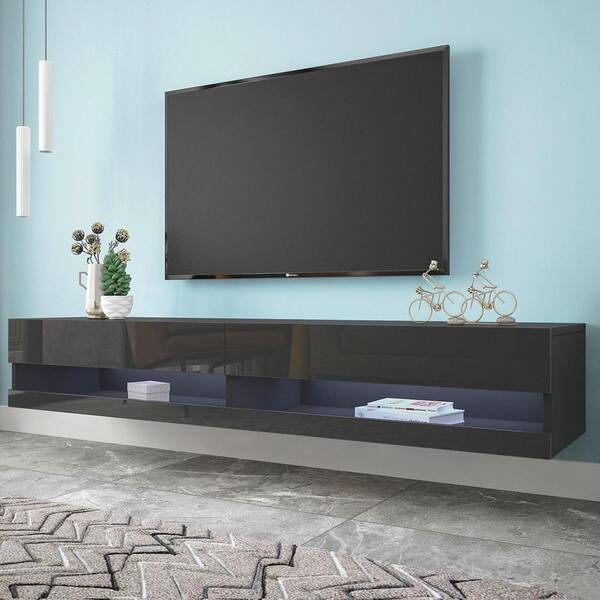 Modern TV Stand Cabinet 180CM LED Entertainment Unit Gloss Front Storage Black 