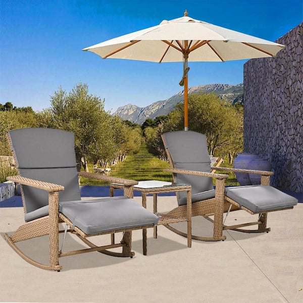 Unbranded Adjustable Wicker Outdoor Rocking Chair with Cushions in Gray, Coffee Table for Backyard, Garden, Poolside