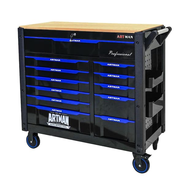 17.91 in. W 12 Drawer Rolling Metal Tool Carts Storage with Lock, Wooden Countertops and Push Rod