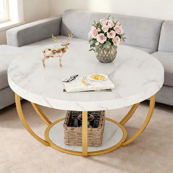 31.7 in. Modern White Round Wood Coffee Table with Storage, 2-Tier Small Faux Marble Center Table for Living Room