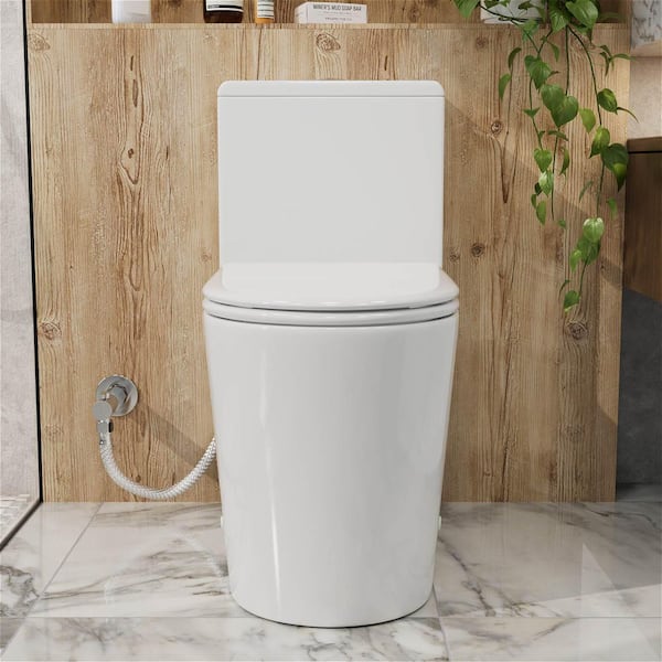 1-Piece 1.0 GPF/1.28 GPF Dual Flush Elongated Toilet in White Slow-Close, Seat Included