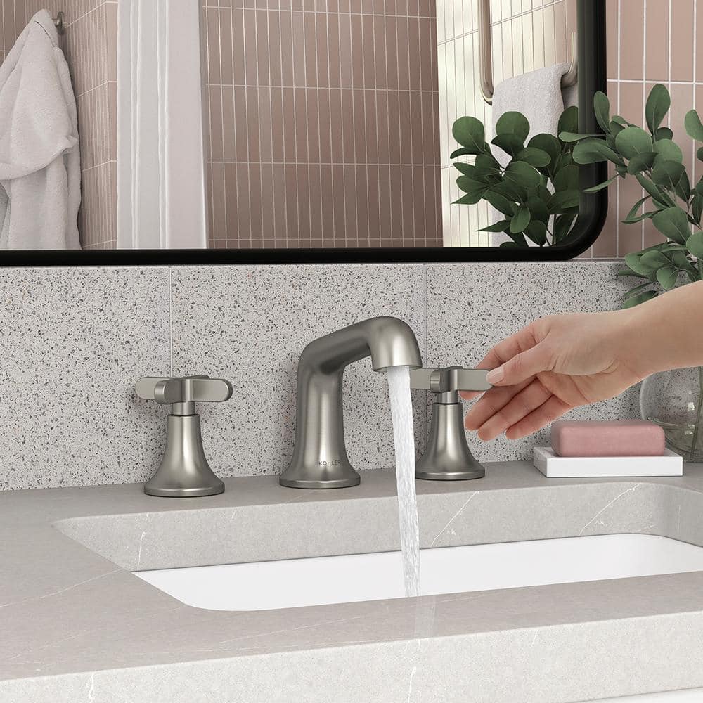 Vibrant Brushed Nickel Double Handle Widespread Bathroom Faucet