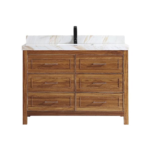 Luxury Ebony Series 48 in. 1 Freestanding Light Brown Finish Bath Vanity with 2 in. White Natural Marble Top Assembled