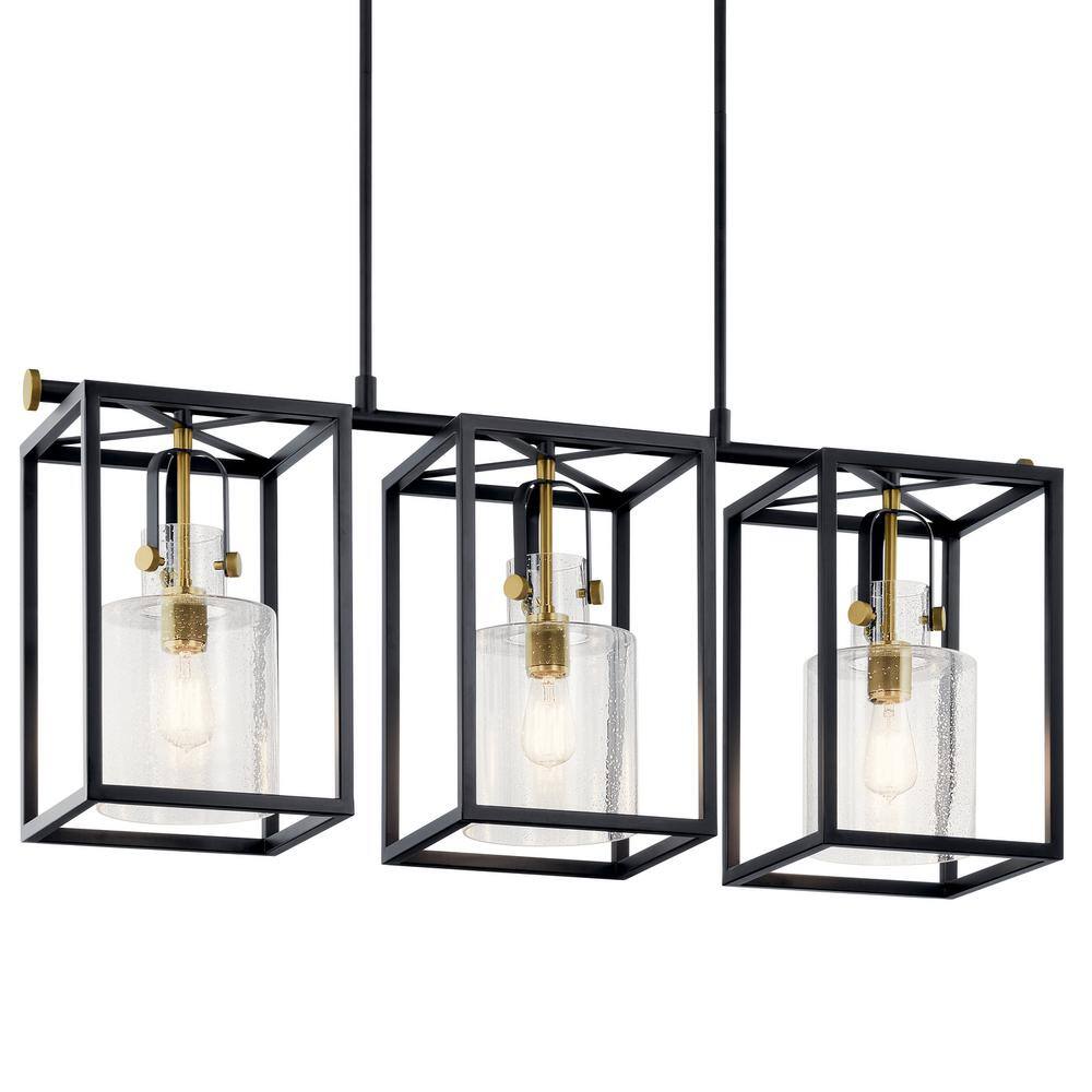 Natural Brass and Black 3-Light Linear Chandelier with Clear Seeded Glass