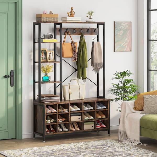BYBLIGHT Carmalita Rustic Brown Garment Rack Hall Tree with Bench and 15 Pairs Shoes Storage Shelves
